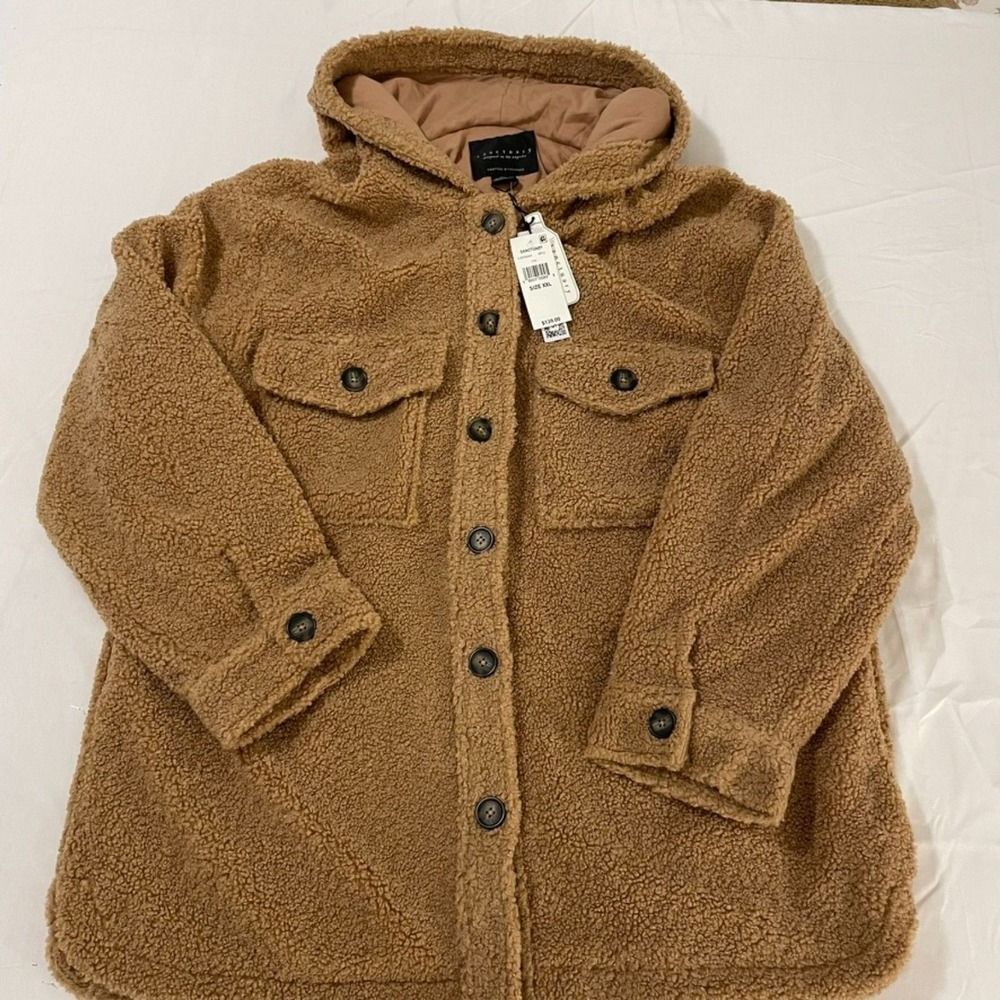 NWT - Sanctuary Teddy Fleece Hooded Jacket, size XXL, brown.